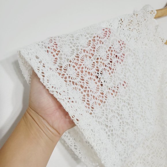 Joy Joy Sheer Lace Coquette Coverup Dress Short Sleeve White Ruffle Trim Elegant - Picture 2 of 8